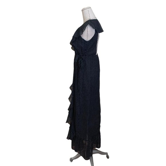 Vintage 70s Roberta Black Polka Dot Maxi Wrap Dress Ruffles Open Back Hostess M - Picture 3 of 12